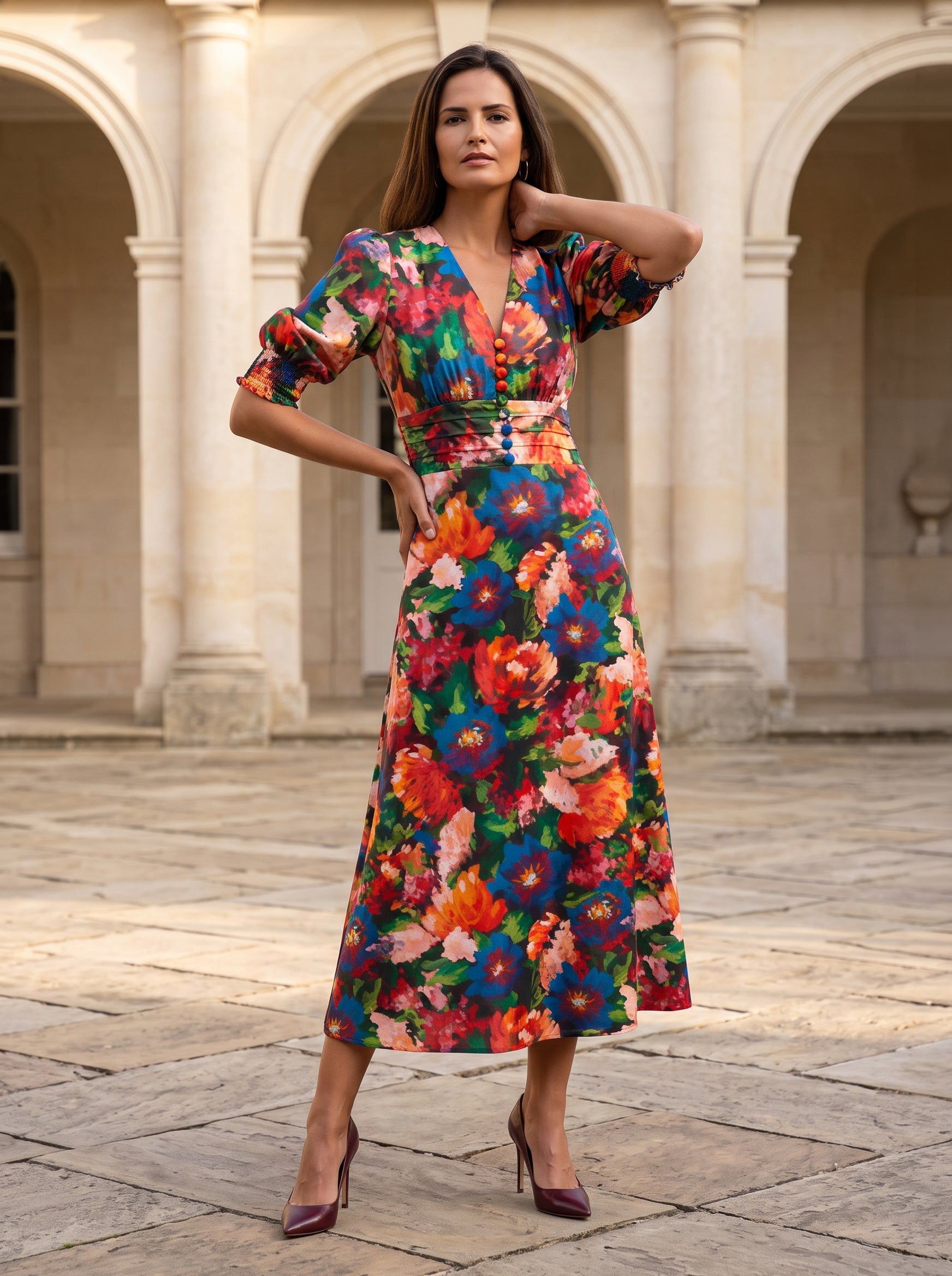 Ridley_London_Blue_And_Red_Artists_Bouquet_Floral_Silk_Wedding_Guest_Ella_Dress_With_Fit_And_Flare_Shape_And_Three_Quarter_Sleeves