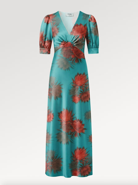 Ridley_London_Turquoise_Orange_Aura_Night_Liberty_Print_Silk_Janie_Bias_Cut_With_Elbow_Lenght_Sleeves_And_Vneck_Maxi_Mother_of_The_Bride_Wedding_Guest_Maxi_Dress