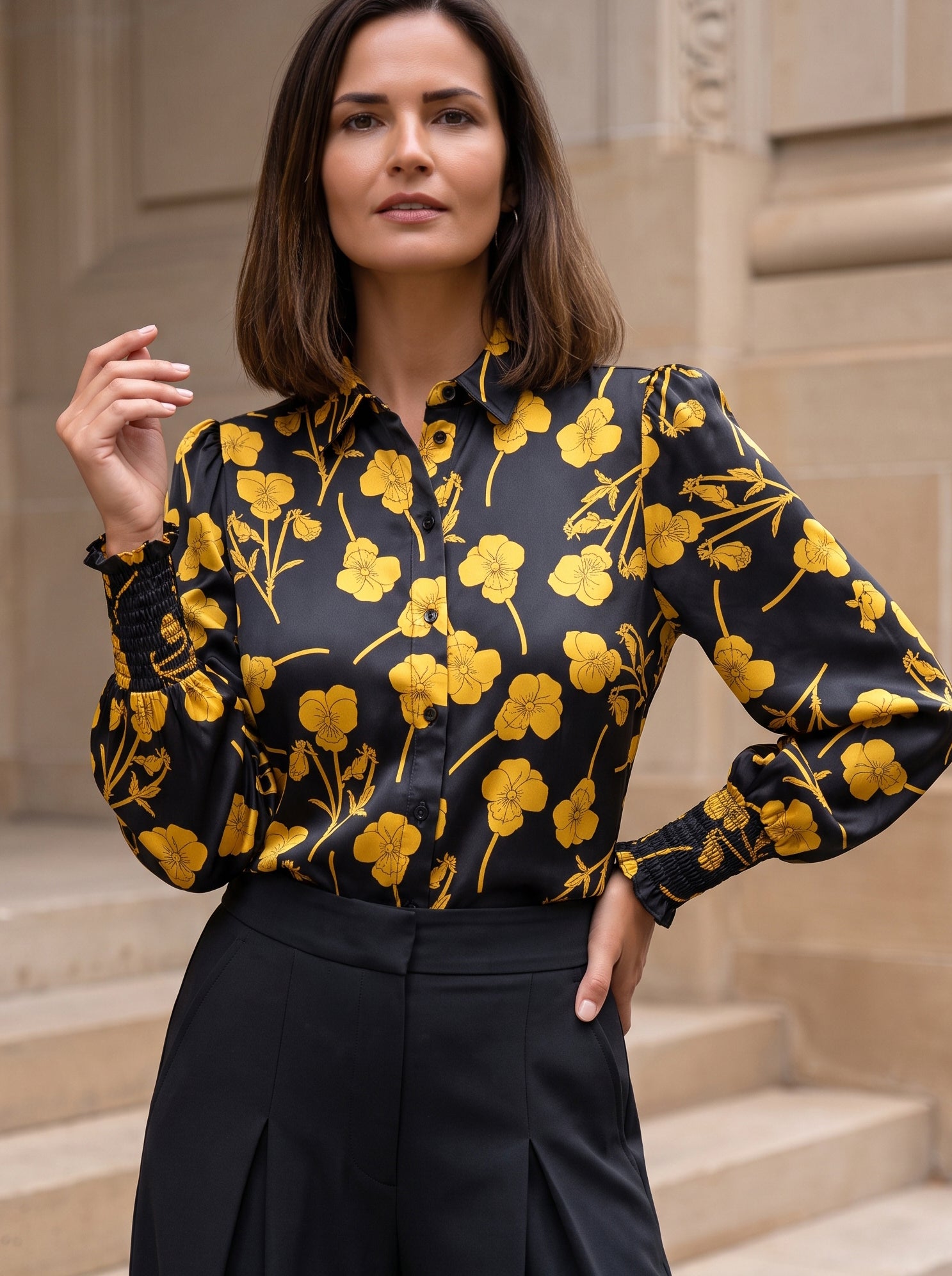 Ridley_London_Black_Gold_Radiant_Ros_Liberty_Silk_Satin_Floral_Isla_Shirt_Long_Sleeved_Blouse_With_Shirred_Cuffs