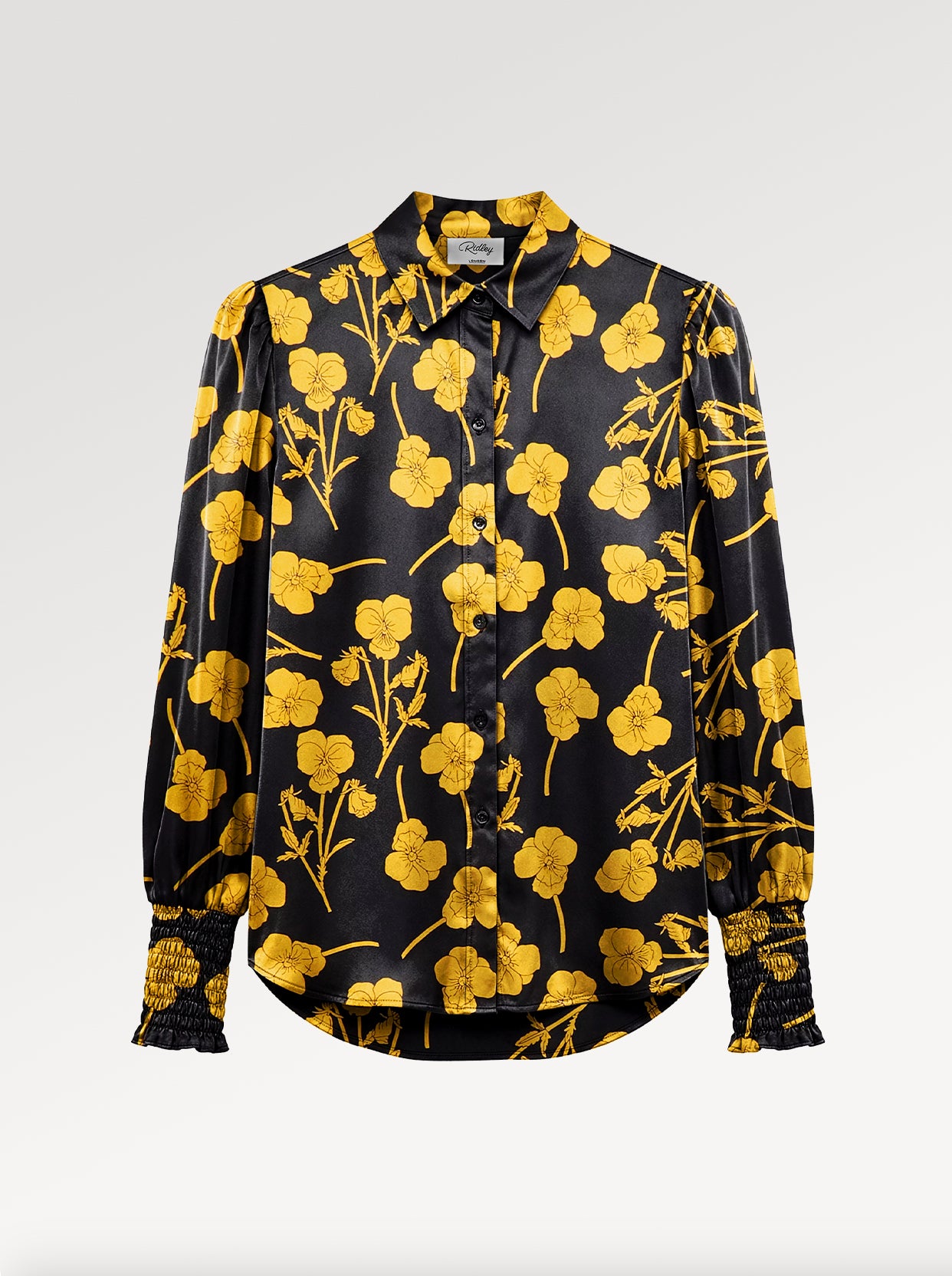 Ridley_London_Black_Gold_Radiant_Ros_Liberty_Silk_Satin_Floral_Isla_Shirt_Long_Sleeved_Blouse_With_Shirred_Cuffs