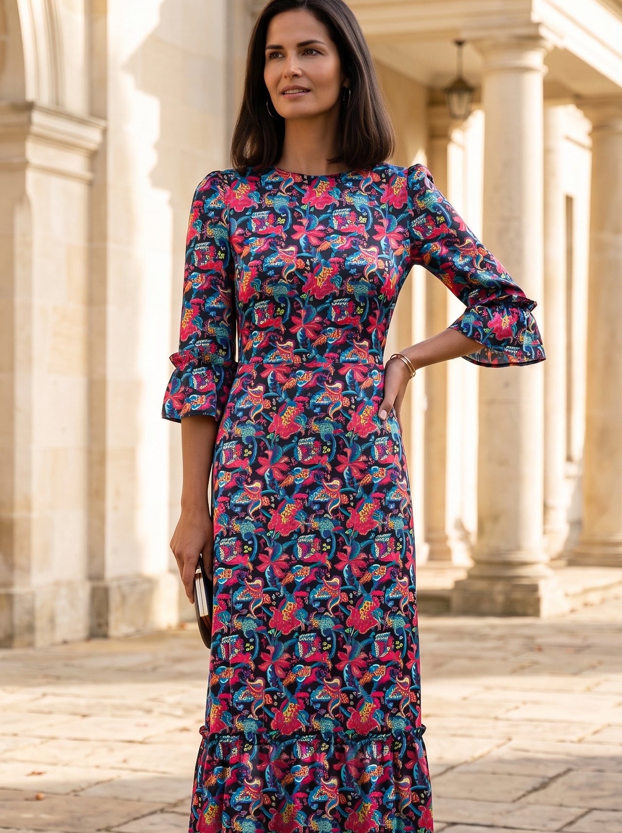 Ridley_London_Black_Red__Silk_Satin_Liberty_Silk_Satin_Rosella_Dress_With_Three_Quarter_Sleeves_Mother_of_The_Bride_Dress_Wedding_guest_dress
