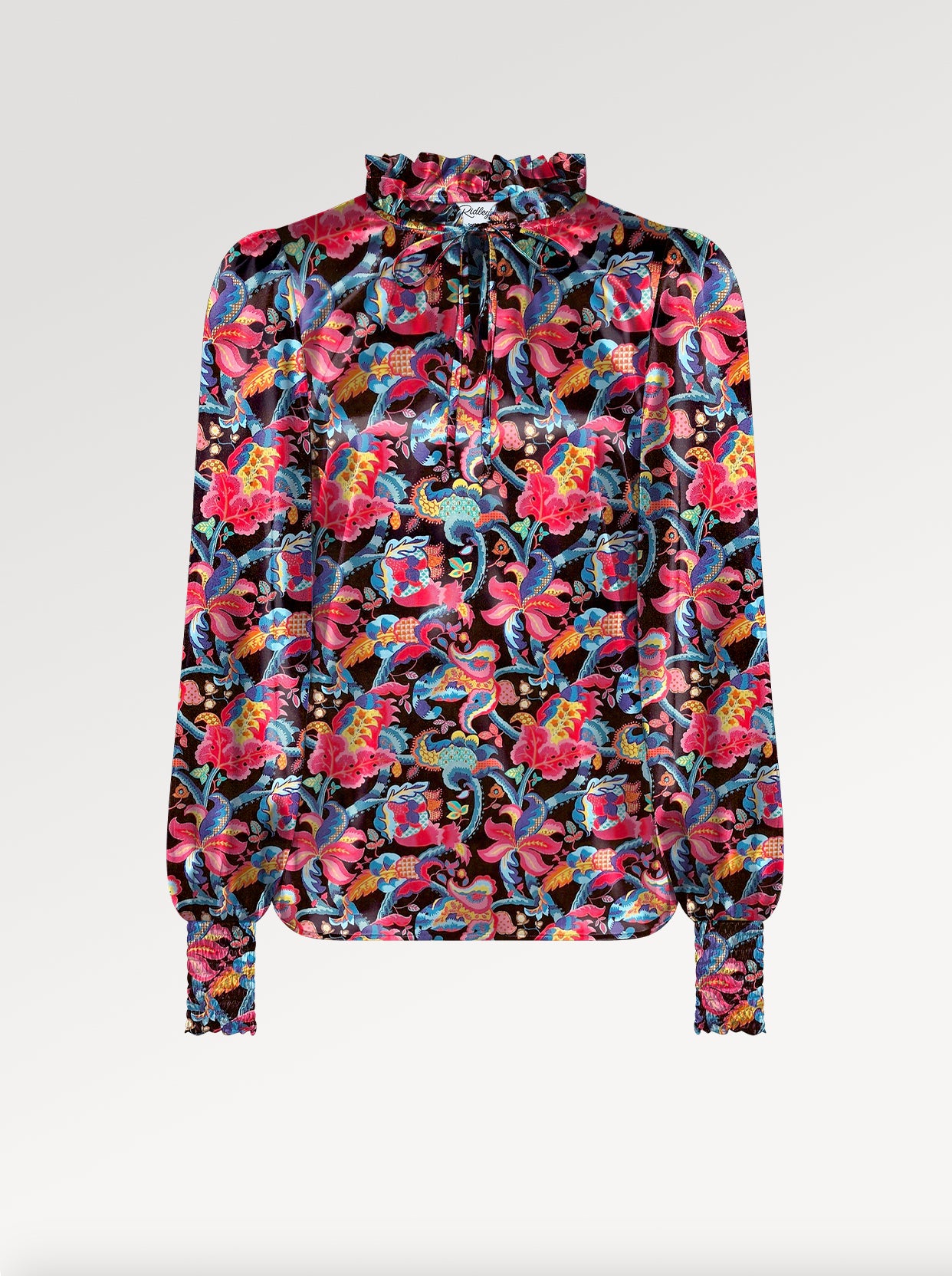 Ridley_London_Black_Red_French_Broacade_silk_Satin_Liberty_Alicia_Top_With_Full_Length_Sleeves_And_Ruflle_Collar