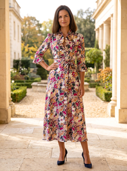 Ridley_London_Burgundy_Gold_Painters_Bouquet_Liberty_Print_Silk_Satin_Oriana_Dress_With_Ruffled_Neck_And_Ruffled_Cuff_Three_Quarter_Length_Sleeves