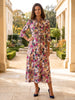 Ridley_London_Burgundy_Gold_Painters_Bouquet_Liberty_Print_Silk_Satin_Oriana_Dress_With_Ruffled_Neck_And_Ruffled_Cuff_Three_Quarter_Length_Sleeves