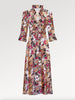Ridley_London_Burgundy_Gold_Painters_Bouquet_Liberty_Print_Silk_Satin_Oriana_Dress_With_Ruffled_Neck_And_Ruffled_Cuff_Three_Quarter_Length_Sleeves