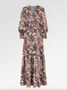 Ridley_London_Chocolate_Peacock_Feather_Liberty_Print_Hera_Hana__Silk_Twill_Ellen_Maxi_Dress_With_Long_Sleeves_And_Shirred_Cuffs_And_Frill_On_Skirt