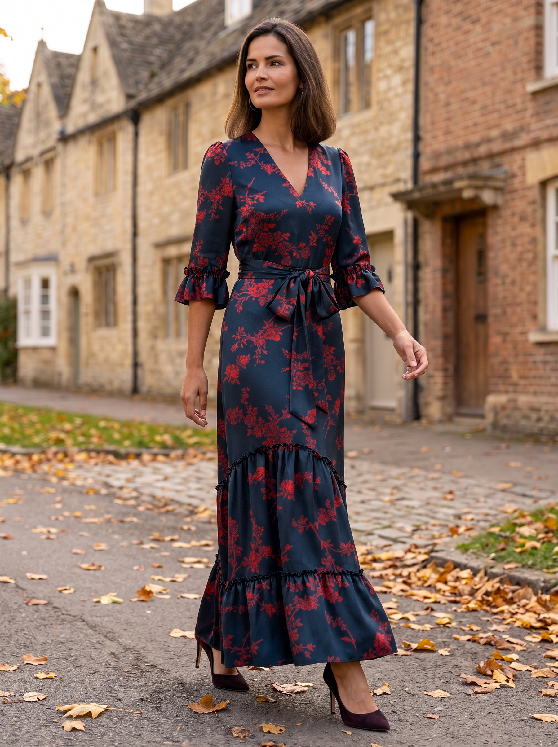 Ridley_London_Silk_Autumn_Winter_Mother_Of_the_Bride_Wedding_Guest_Teal_Rust_Red_Elizabeth_Impression_Liberty_Print_Silk_Satin_Jacqueline_V_Necked_Maxi_Dress_with_Elbow_Length_Sleeves_with_ruffles