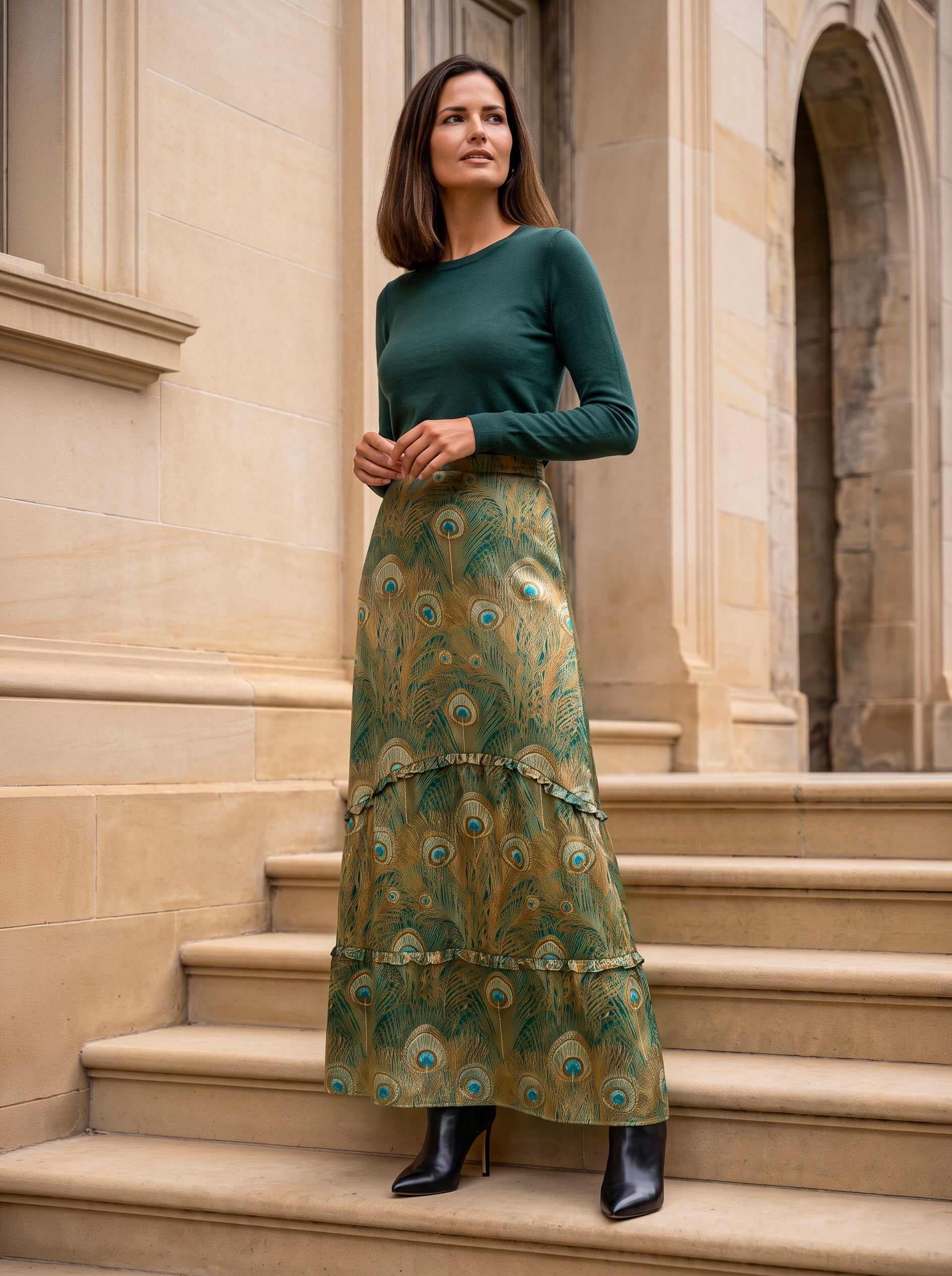 Ridley_London_Green_Silk_Twill_Royal_Hera_Liberty__Print_Peacock_Feather_Silk_Anya_Maxi_Skirt_With_Frounce_Frill_Hem