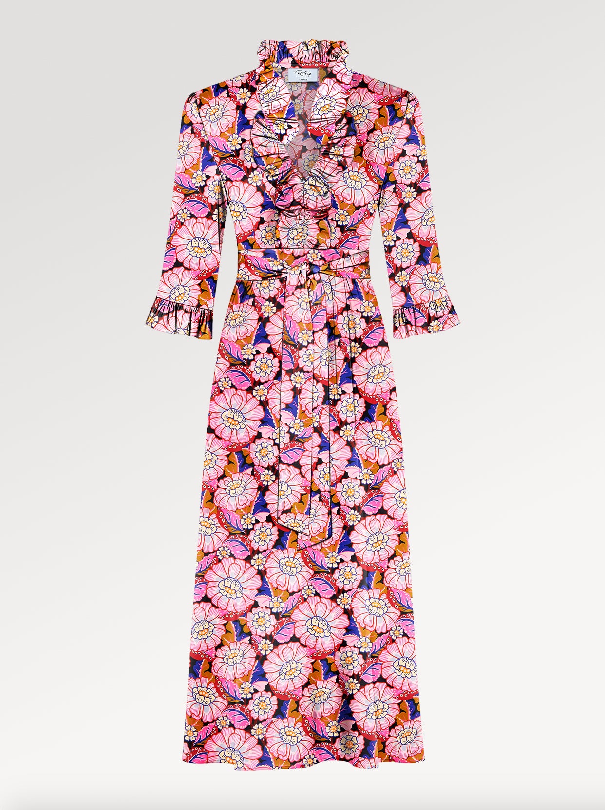 Ridley_London_Magenta_Fuchsia_Pink_Clifford_Floral_Liberty_Print_Silk_Satin_Midi_Mother_of_The_Bride_Dress_with_three_quarter_Sleeves_and_fit_and_flare_skirt