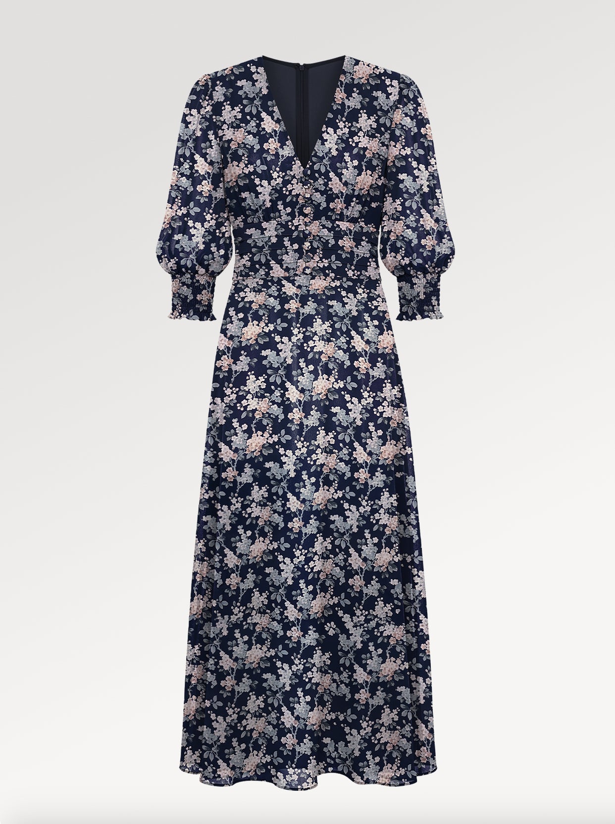Ridley_London_Navy_And_White_Josephine_Floral_Silk_Chiffon_Wedding_Guest_Ella_Dress_With_Fit_And_Flare_Shape_And_Three_Quarter_Sleeves