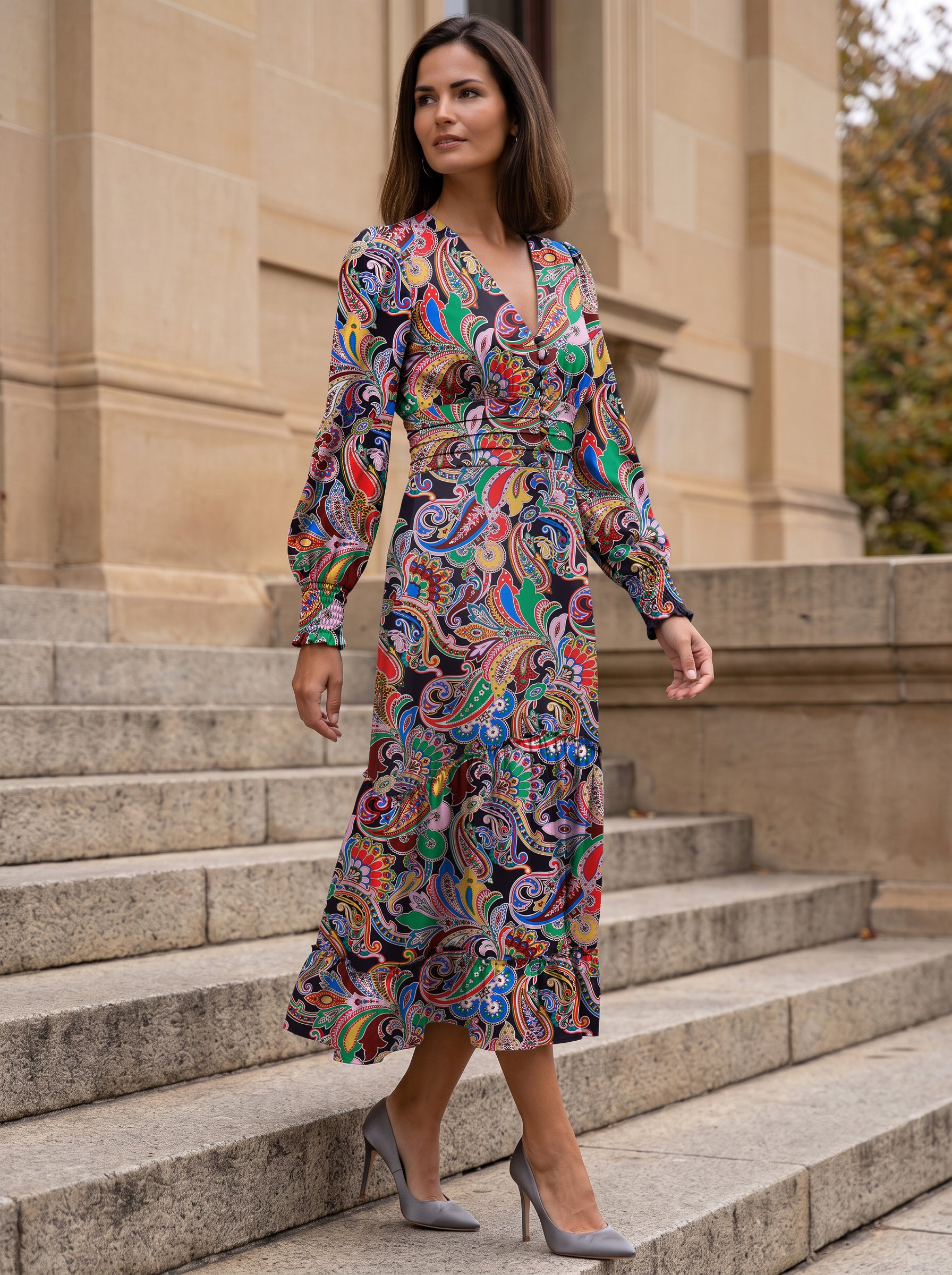 Ridley_London_Silk_Autumn_Winter_Mother_Of_the_Bride_Wedding_Guest_Navy_Multi_Coloured_Paisley_Fanfare_Liberty_Silk_Satin_Ellen_Midaxi_Dress_with_Full_Length_Sleeves