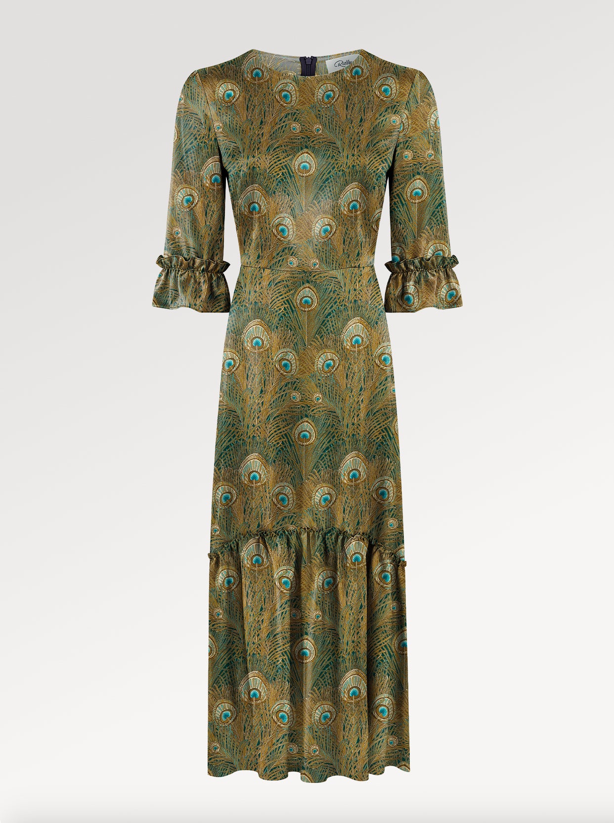 Ridley_London_Green_Peacock_Feather_King_Hera_Liberty_Print_Silk_Satin_Jacqueline__Winter_Wedding_Guest_Maxi_Dress_With_Three_Quarter_Sleeves_And_Ruffles