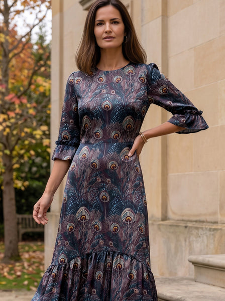 Ridley_London_Silk_Autumn_Winter_Mother_Of_the_Bride_Wedding_Guest_Purple_King_Hera_Peacock_Feather_Liberty_Silk_Twill_Jacqueline_Maxi_Dress_With_Three_Quarter_Ruffle_Sleeves