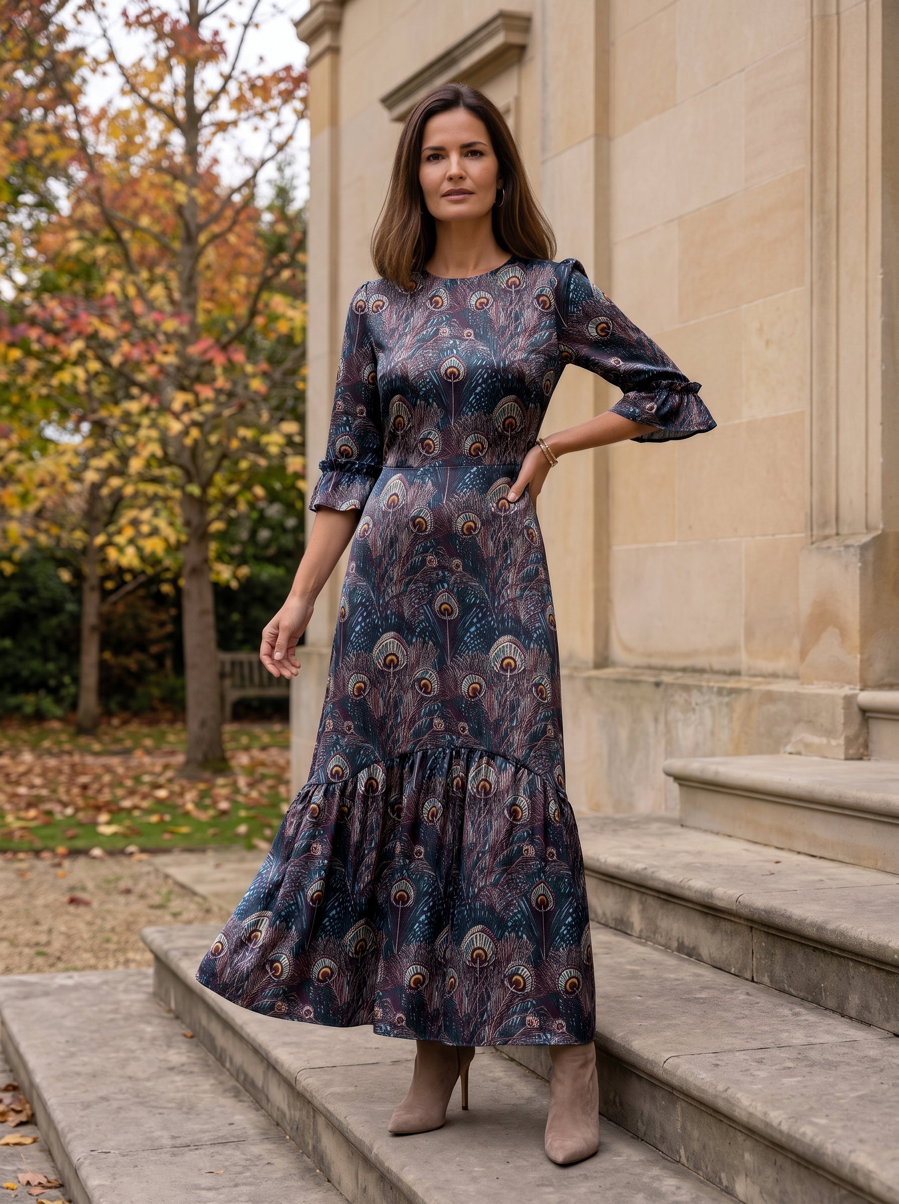 Ridley_London_Silk_Autumn_Winter_Mother_Of_the_Bride_Wedding_Guest_Purple_King_Hera_Peacock_Feather_Liberty_Print_Silk_Twill_Jacqueline_Maxi_Dress_With_Three-Quarter_Length_Ruffle_Sleeves