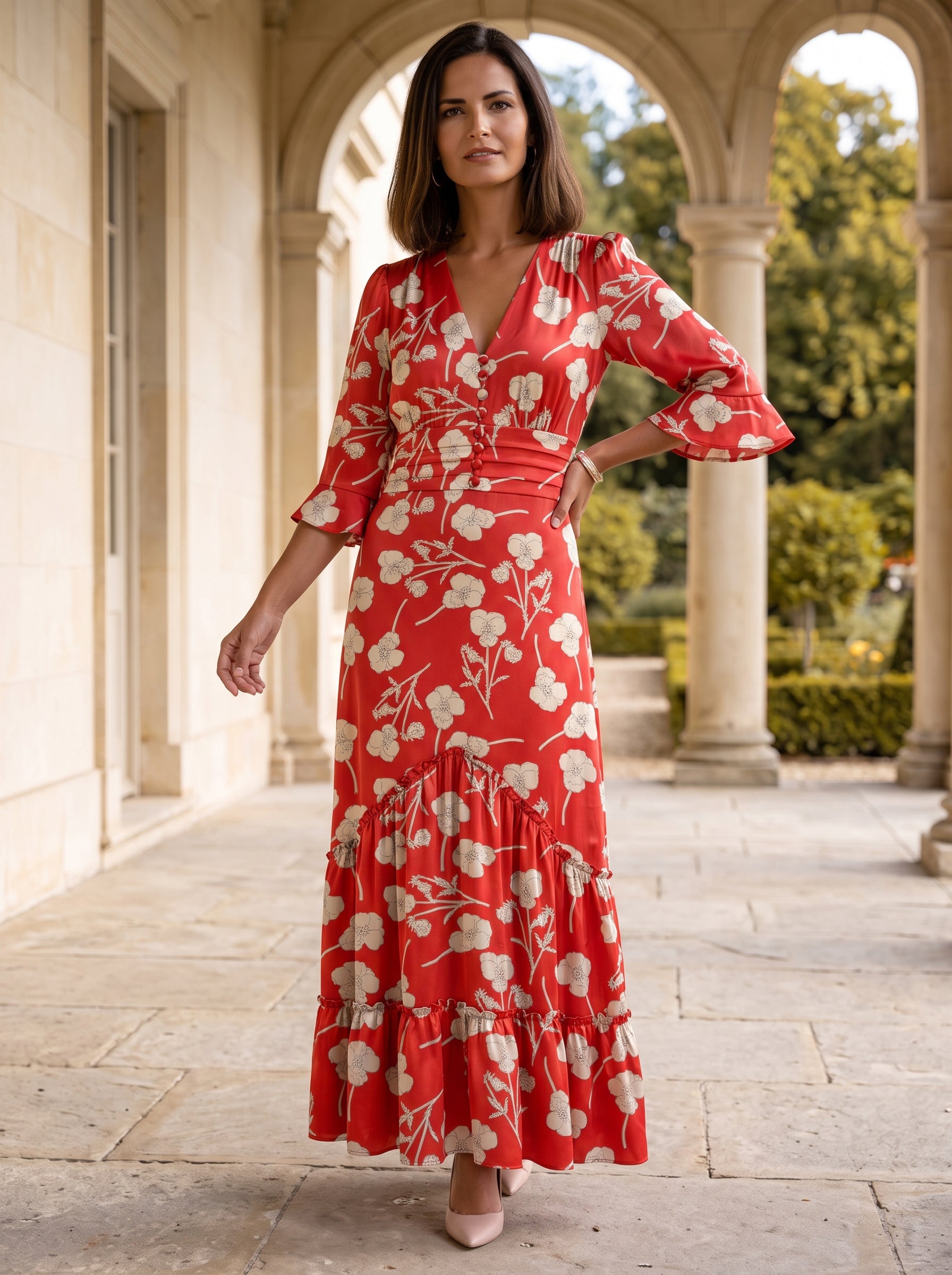 Ridley_London_Red_Cream_Radiant_Ros_Floral_Liberty_Print_Silk_Ellen_Maxi_Mother_of_The_Bride_Dress_with_Three_Quarters_Sleeve