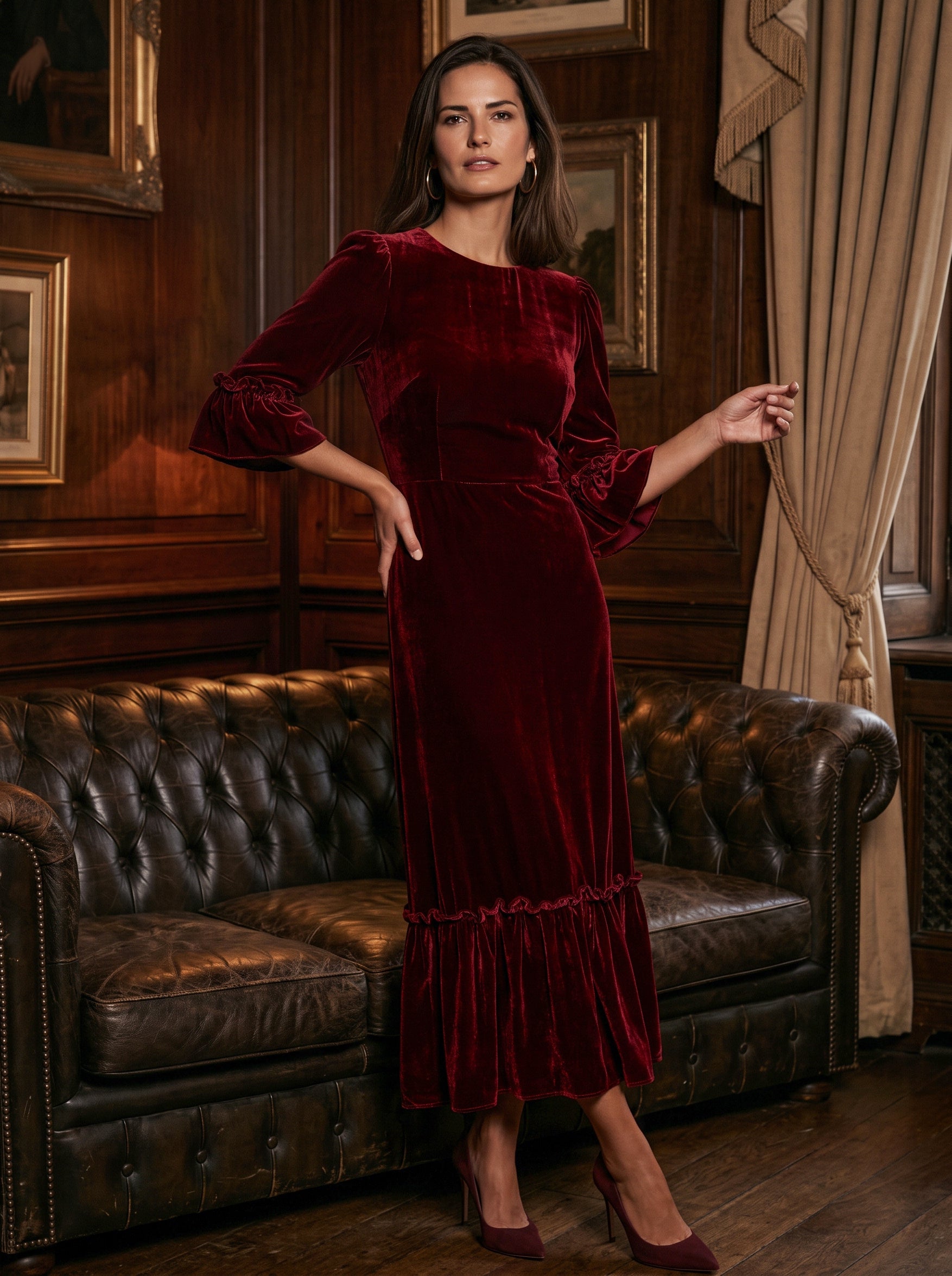 Ridley_London_Ruby_Red__Silk_Velvet_Rosella_Dress_With_Three_Quarter_Sleeves_Mother_of_The_Bride_Dress_Wedding_guest_dress
