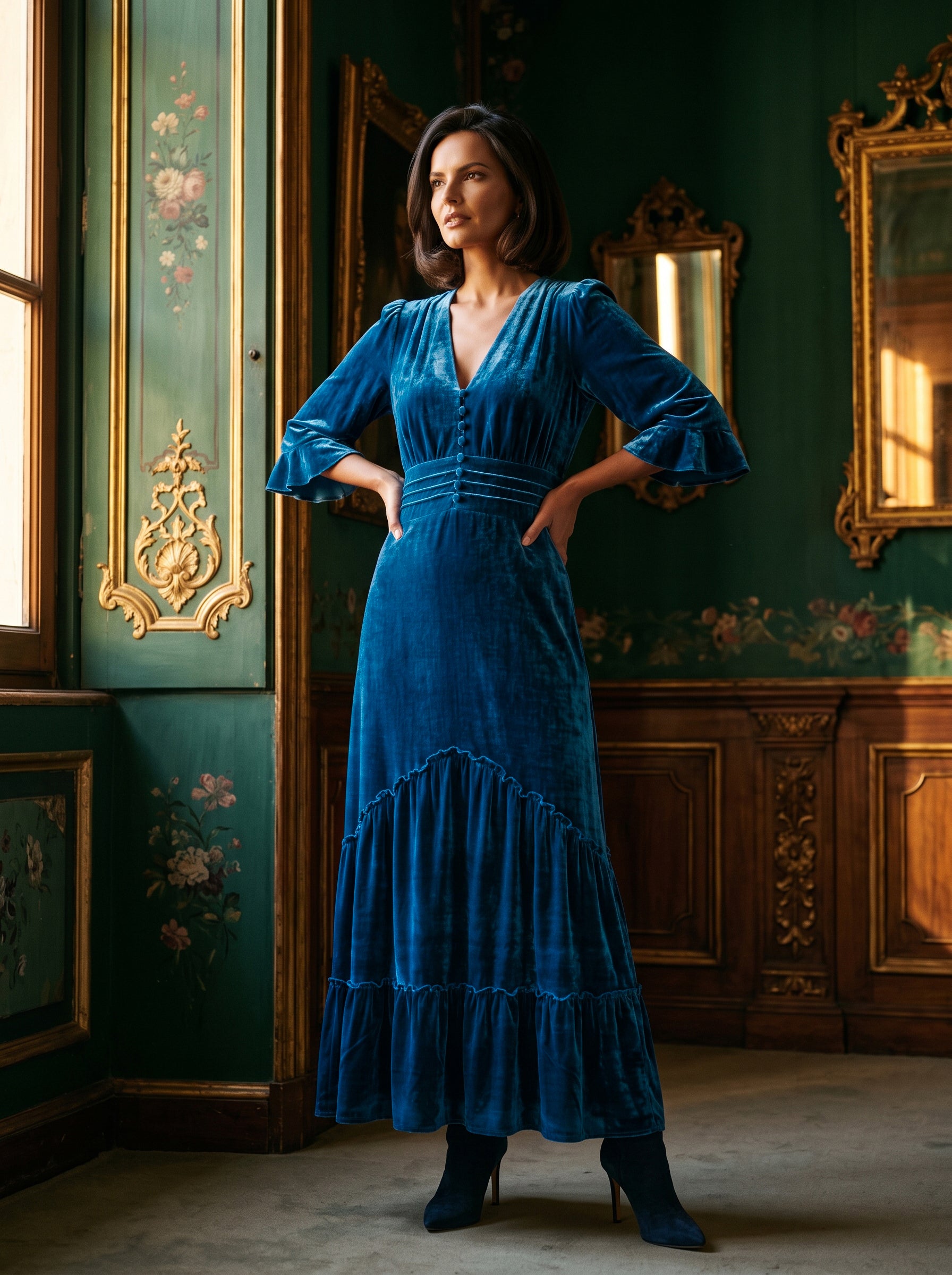 Ridley_London_Seafoam_Blue_Silk_Velvet_Dress_Mother_Of_The_Bride_Wedding_Guest_Dress_with_three_quarter_Sleeves