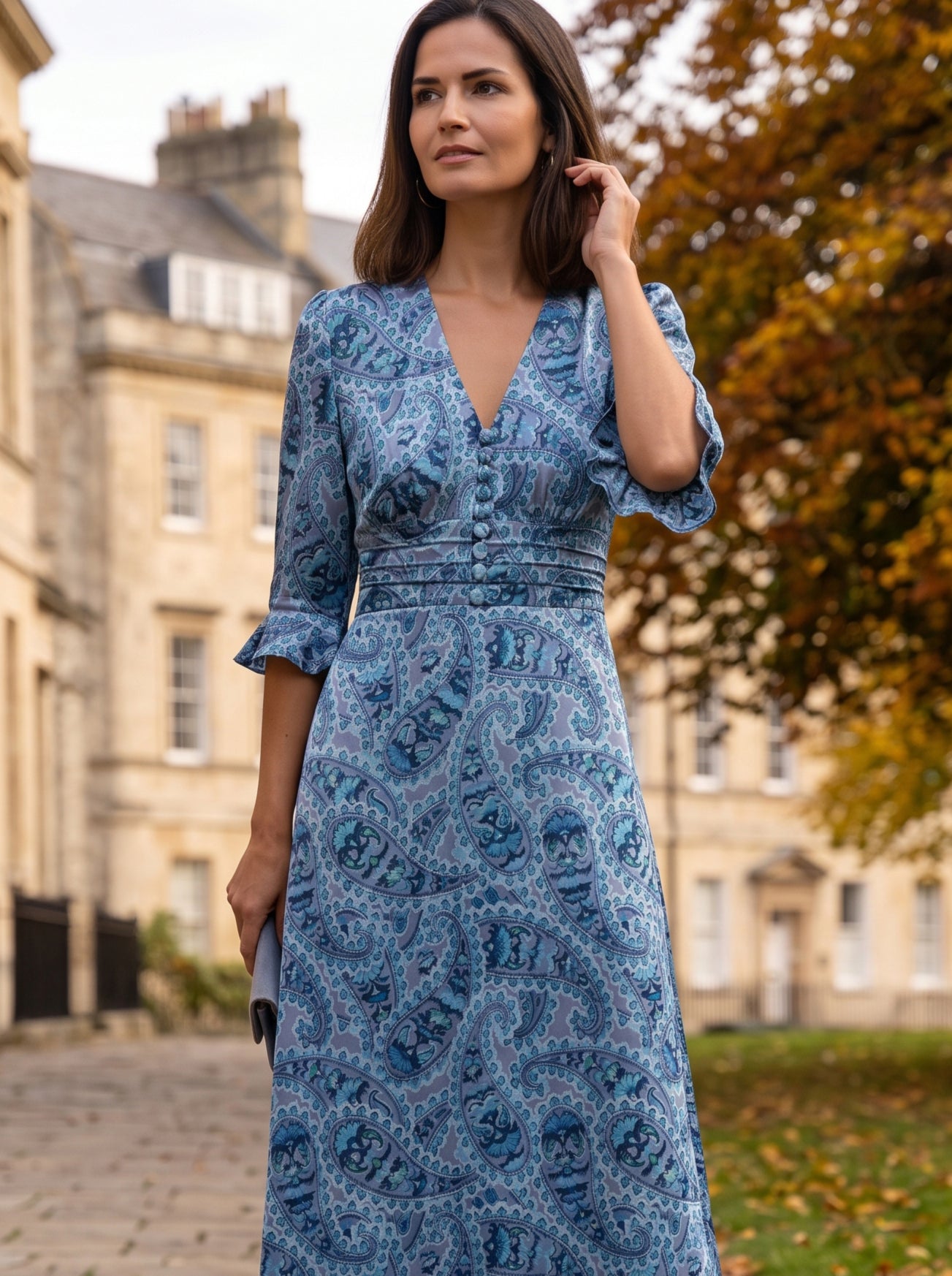 Ridley_London_Silk_Autumn_Winter_Mother_Of_the_Bride_Wedding_Guest_Steel_Blue_Mr_Hunt_Liberty_Print_Paisley_Silk_Satin_Ella_Midi_Dress_with_Elbow_Length_Sleeves_with_ruffle