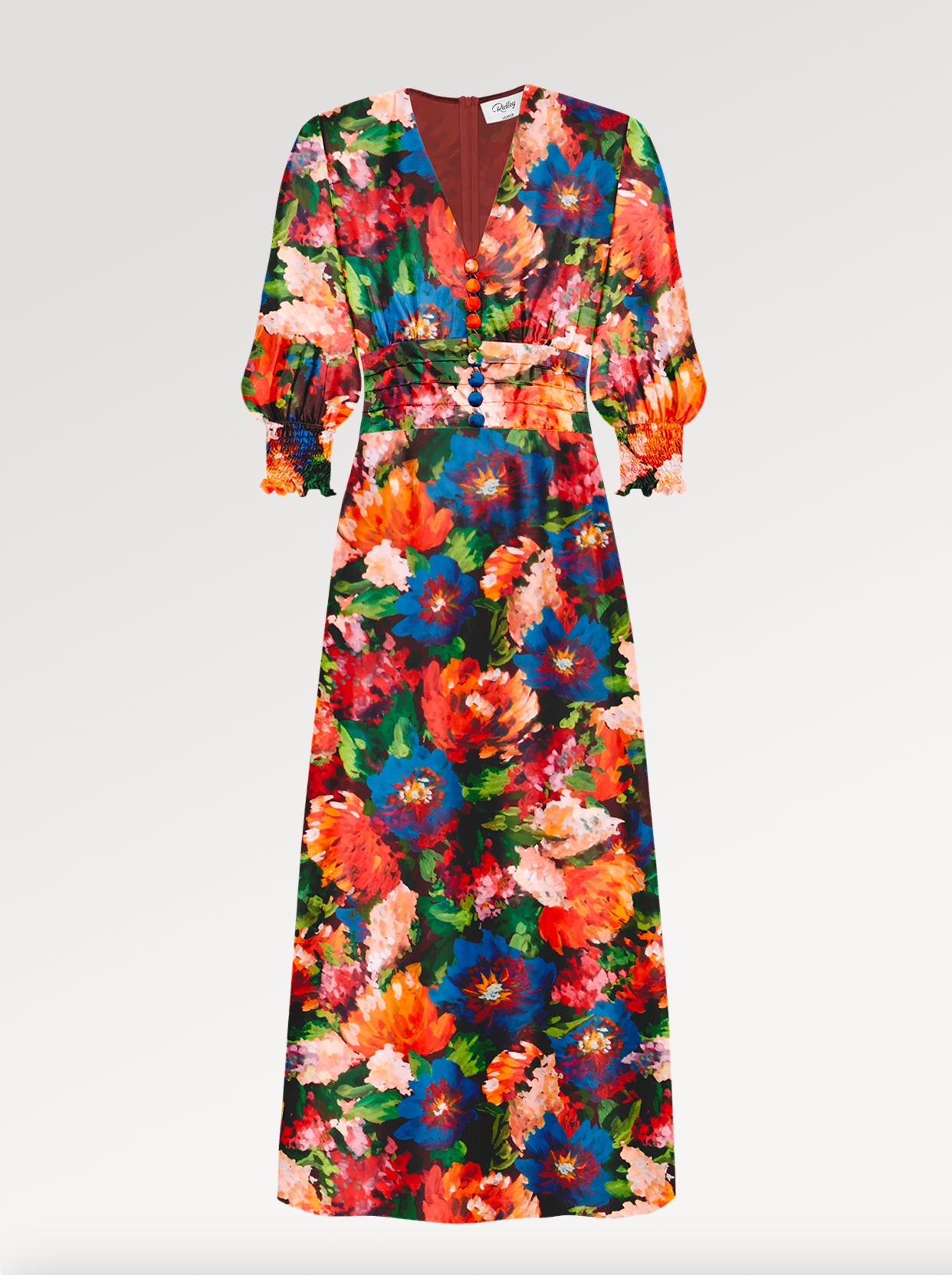 Ridley_London_Blue_And_Red_Artists_Bouquet_Floral_Silk_Wedding_Guest_Ella_Dress_With_Fit_And_Flare_Shape_And_Three_Quarter_Sleeves