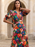 Ridley_London_Blue_And_Red_Artists_Bouquet_Floral_Silk_Wedding_Guest_Ella_Dress_With_Fit_And_Flare_Shape_And_Three_Quarter_Sleeves