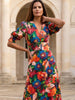 Ridley_London_Blue_And_Red_Artists_Bouquet_Floral_Silk_Wedding_Guest_Ella_Dress_With_Fit_And_Flare_Shape_And_Three_Quarter_Sleeves