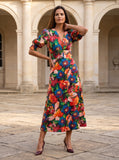 Ridley_London_Blue_And_Red_Artists_Bouquet_Floral_Silk_Wedding_Guest_Ella_Dress_With_Fit_And_Flare_Shape_And_Three_Quarter_Sleeves