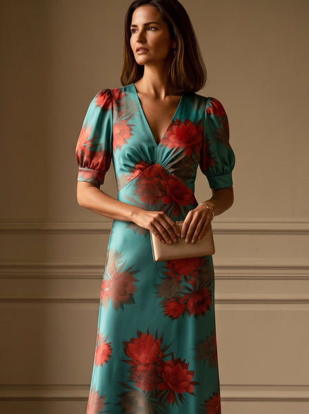 Ridley_London_Turquoise_Orange_Aura_Night_Liberty_Print_Silk_Janie_Bias_Cut_With_Elbow_Lenght_Sleeves_And_Vneck_Maxi_Mother_of_The_Bride_Wedding_Guest_Maxi_Dress