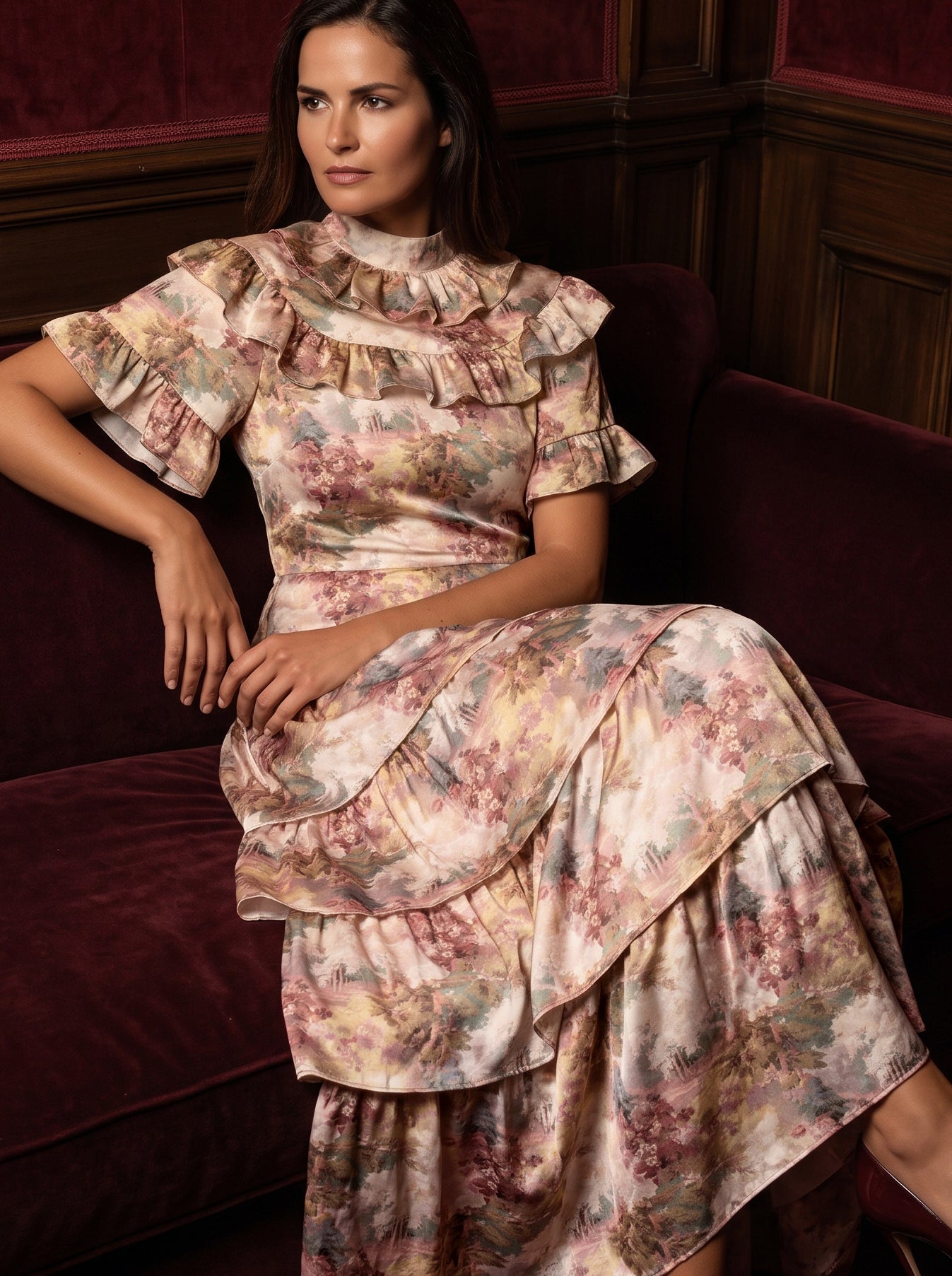 Ridley_London_Pink_Autumn_Walk_Liberty_Print_Silk_Satin_Mathilda_Maxi_Bespoke_Wedding_Guest_Mother_of_The_Bride_Dress_With_Tiered_Skirt_And_Elbow_Length_Sleeves