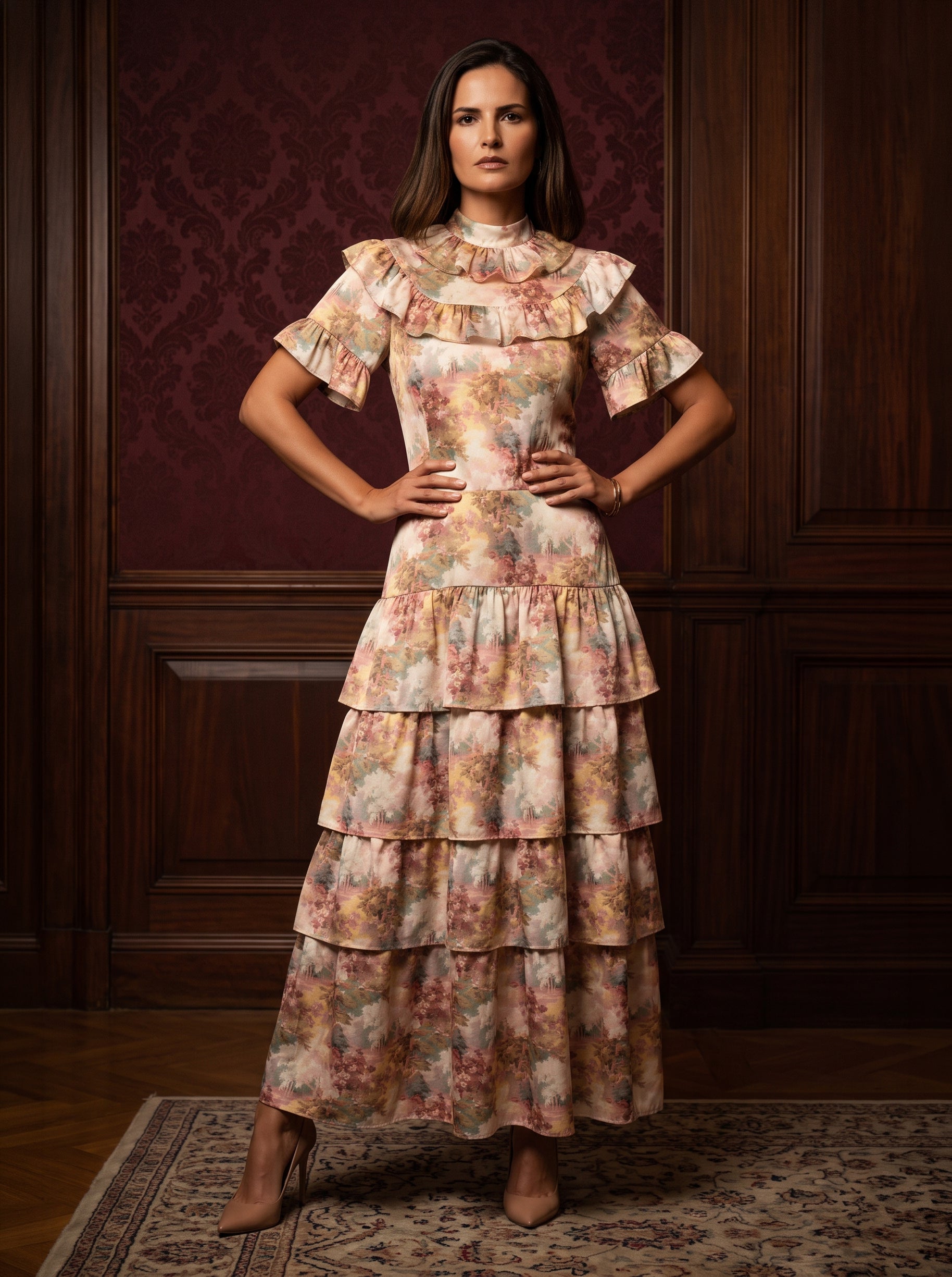 Ridley_London_Pink_Autumn_Walk_Liberty_Print_Silk_Satin_Mathilda_Maxi_Bespoke_Wedding_Guest_Mother_of_The_Bride_Dress_With_Tiered_Skirt_And_Elbow_Length_Sleeves