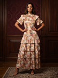 Ridley_London_Pink_Autumn_Walk_Liberty_Print_Silk_Satin_Mathilda_Maxi_Bespoke_Wedding_Guest_Mother_of_The_Bride_Dress_With_Tiered_Skirt_And_Elbow_Length_Sleeves