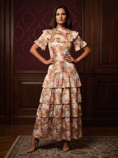 Ridley_London_Pink_Autumn_Walk_Liberty_Print_Silk_Satin_Mathilda_Maxi_Bespoke_Wedding_Guest_Mother_of_The_Bride_Dress_With_Tiered_Skirt_And_Elbow_Length_Sleeves