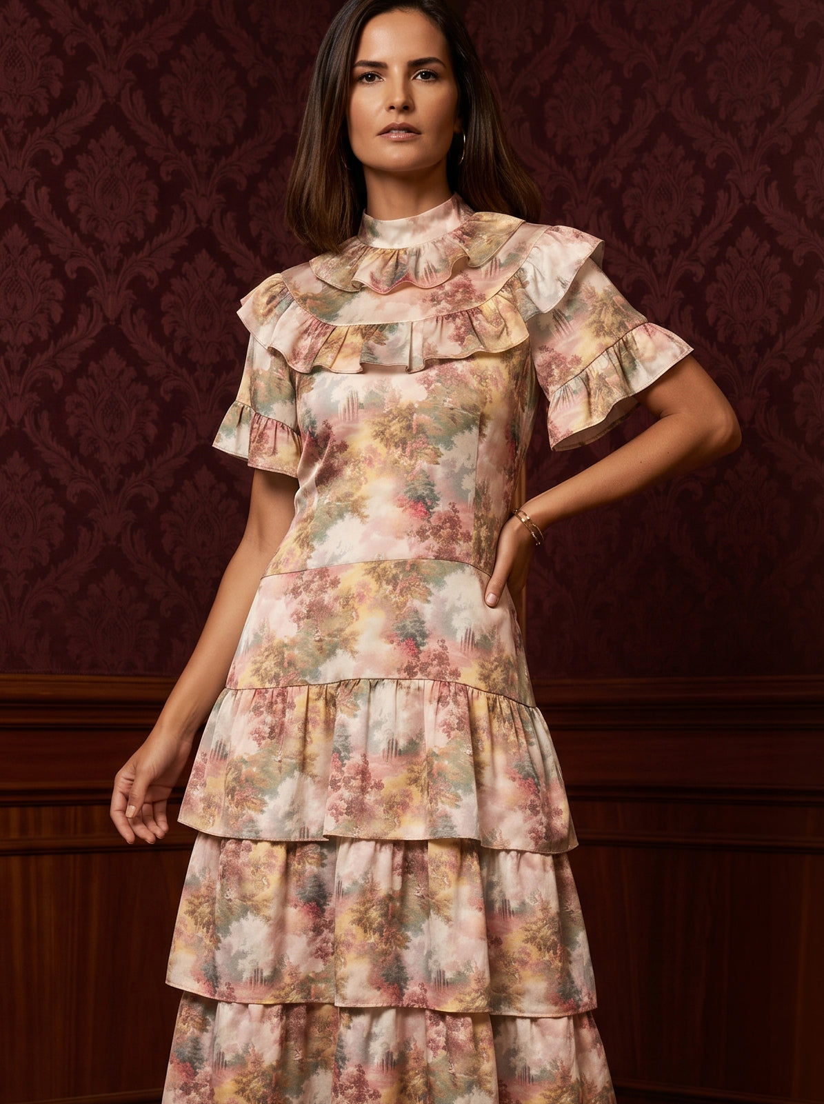 Ridley_London_Pink_Autumn_Walk_Liberty_Print_Silk_Satin_Mathilda_Maxi_Bespoke_Wedding_Guest_Mother_of_The_Bride_Dress_With_Tiered_Skirt_And_Elbow_Length_Sleeves