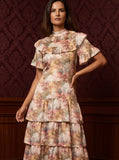 Ridley_London_Pink_Autumn_Walk_Liberty_Print_Silk_Satin_Mathilda_Maxi_Bespoke_Wedding_Guest_Mother_of_The_Bride_Dress_With_Tiered_Skirt_And_Elbow_Length_Sleeves
