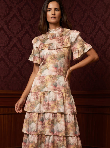 Ridley_London_Pink_Autumn_Walk_Liberty_Print_Silk_Satin_Mathilda_Maxi_Bespoke_Wedding_Guest_Mother_of_The_Bride_Dress_With_Tiered_Skirt_And_Elbow_Length_Sleeves