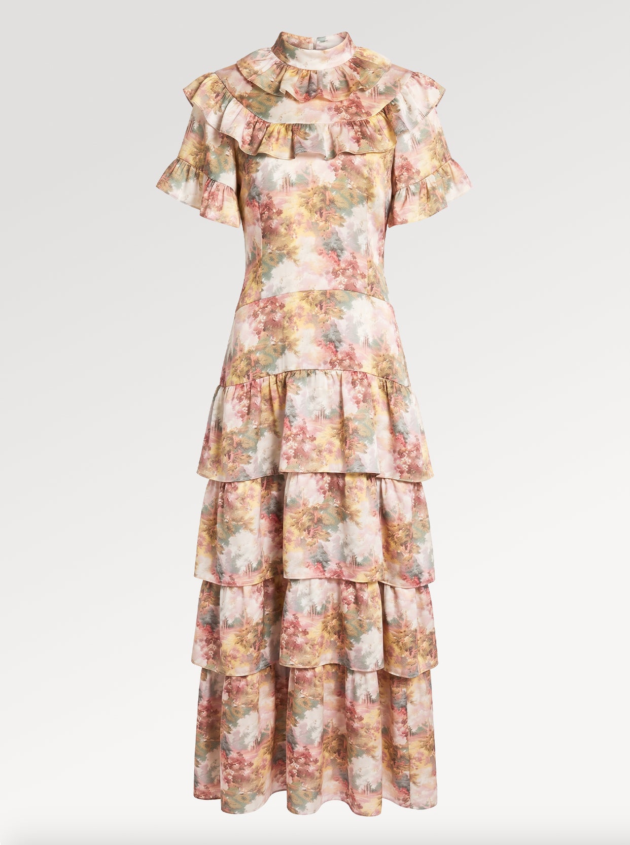 Ridley_London_Pink_Autumn_Walk_Liberty_Print_Silk_Satin_Mathilda_Maxi_Bespoke_Wedding_Guest_Mother_of_The_Bride_Dress_With_Tiered_Skirt_And_Elbow_Length_Sleeves