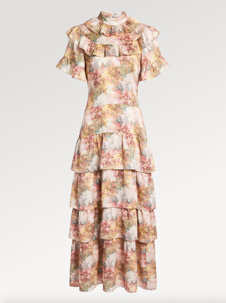 Ridley_London_Pink_Autumn_Walk_Liberty_Print_Silk_Satin_Mathilda_Maxi_Bespoke_Wedding_Guest_Mother_of_The_Bride_Dress_With_Tiered_Skirt_And_Elbow_Length_Sleeves