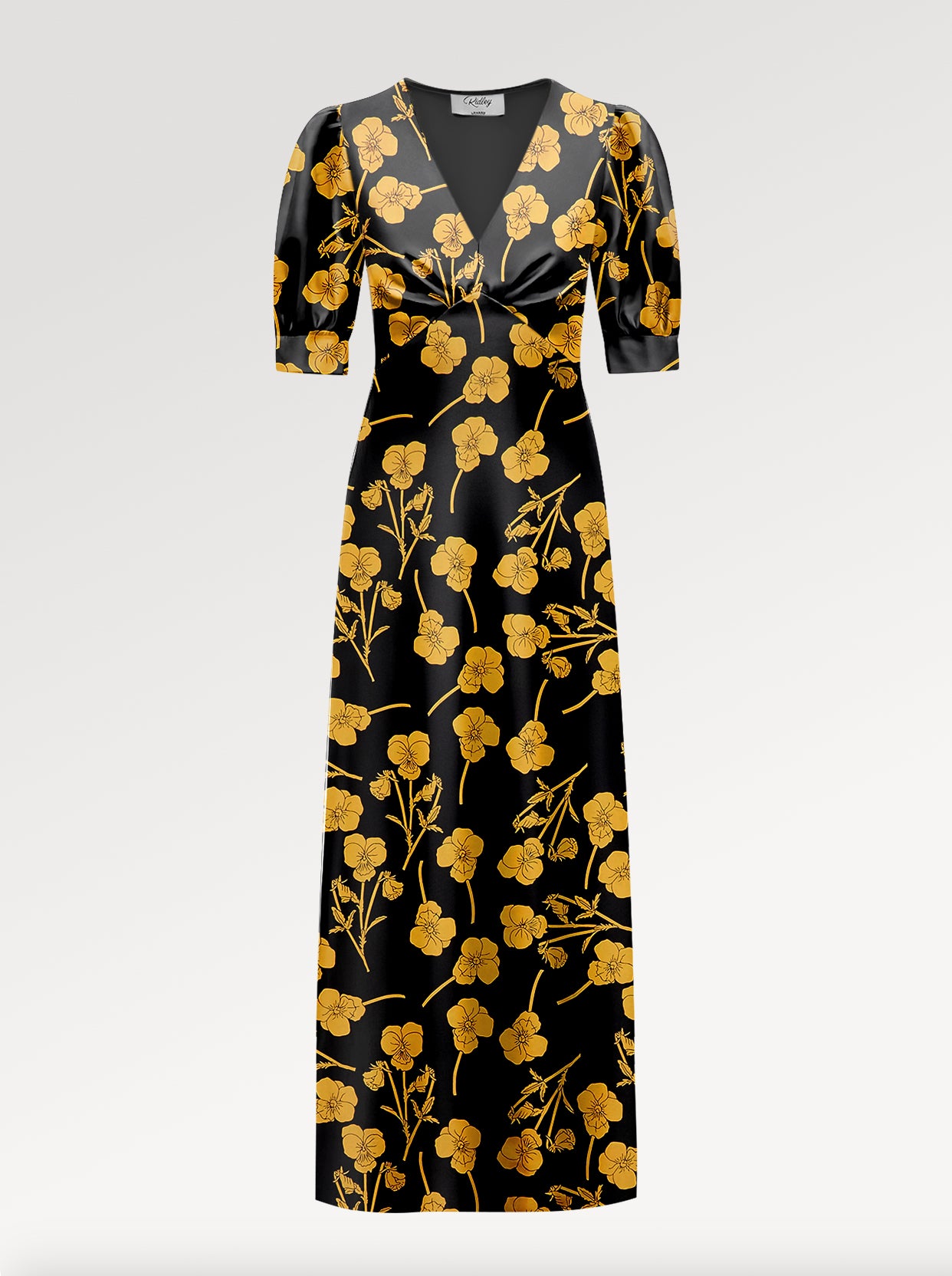 Ridley_London_Silk_Autumn_Winter_Mother_Of_the_Bride_Wedding_Guest_Black_Gold_Radiant_Ros_Liberty_Silk_Satin_Bias_Cut_Janie_Maxi_Dress_with_Elbow_Length_Sleeves