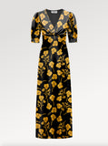 Ridley_London_Silk_Autumn_Winter_Mother_Of_the_Bride_Wedding_Guest_Black_Gold_Radiant_Ros_Liberty_Silk_Satin_Bias_Cut_Janie_Maxi_Dress_with_Elbow_Length_Sleeves