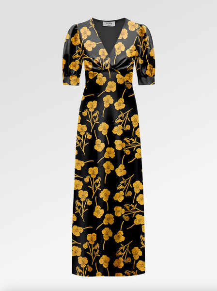 Ridley_London_Silk_Autumn_Winter_Mother_Of_the_Bride_Wedding_Guest_Black_Gold_Radiant_Ros_Liberty_Silk_Satin_Bias_Cut_Janie_Maxi_Dress_with_Elbow_Length_Sleeves
