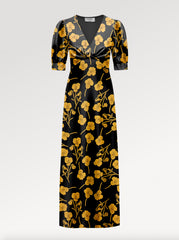 Ridley_London_Silk_Autumn_Winter_Mother_Of_the_Bride_Wedding_Guest_Black_Gold_Radiant_Ros_Liberty_Silk_Satin_Bias_Cut_Janie_Maxi_Dress_with_Elbow_Length_Sleeves