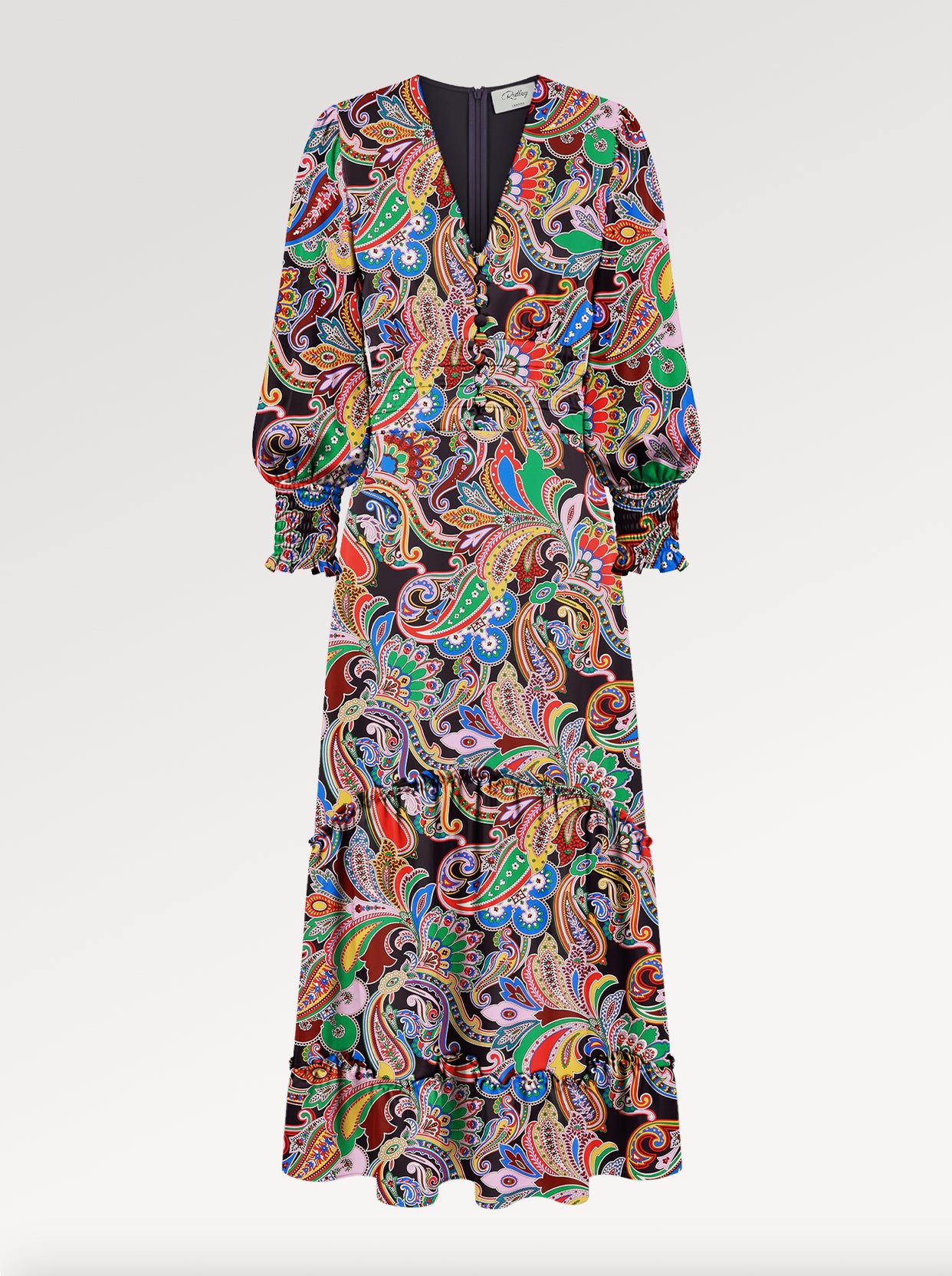 Ridley_London_Silk_Autumn_Winter_Mother_Of_the_Bride_Wedding_Guest_Navy_Multi_Coloured_Paisley_Fanfare_Liberty_Silk_Satin_Ellen_Midaxi_Dress_with_Full_Length_Sleeves