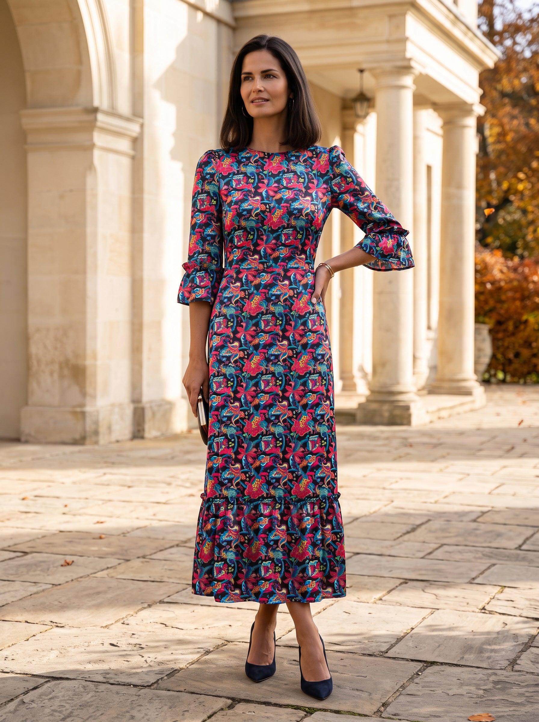 Ridley_London_Black_Red__Silk_Satin_Liberty_Silk_Satin_Rosella_Dress_With_Three_Quarter_Sleeves_Mother_of_The_Bride_Dress_Wedding_guest_dress