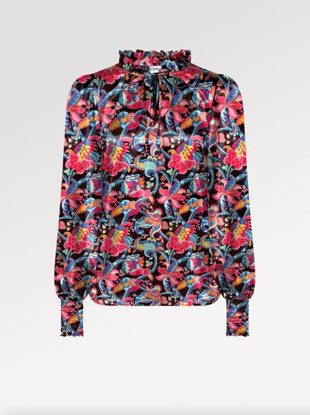 Ridley_London_Black_Red_French_Broacade_silk_Satin_Liberty_Alicia_Top_With_Full_Length_Sleeves_And_Ruflle_Collar 