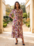 Ridley_London_Burgundy_Gold_Painters_Bouquet_Liberty_Print_Silk_Satin_Oriana_Dress_With_Ruffled_Neck_And_Ruffled_Cuff_Three_Quarter_Length_Sleeves