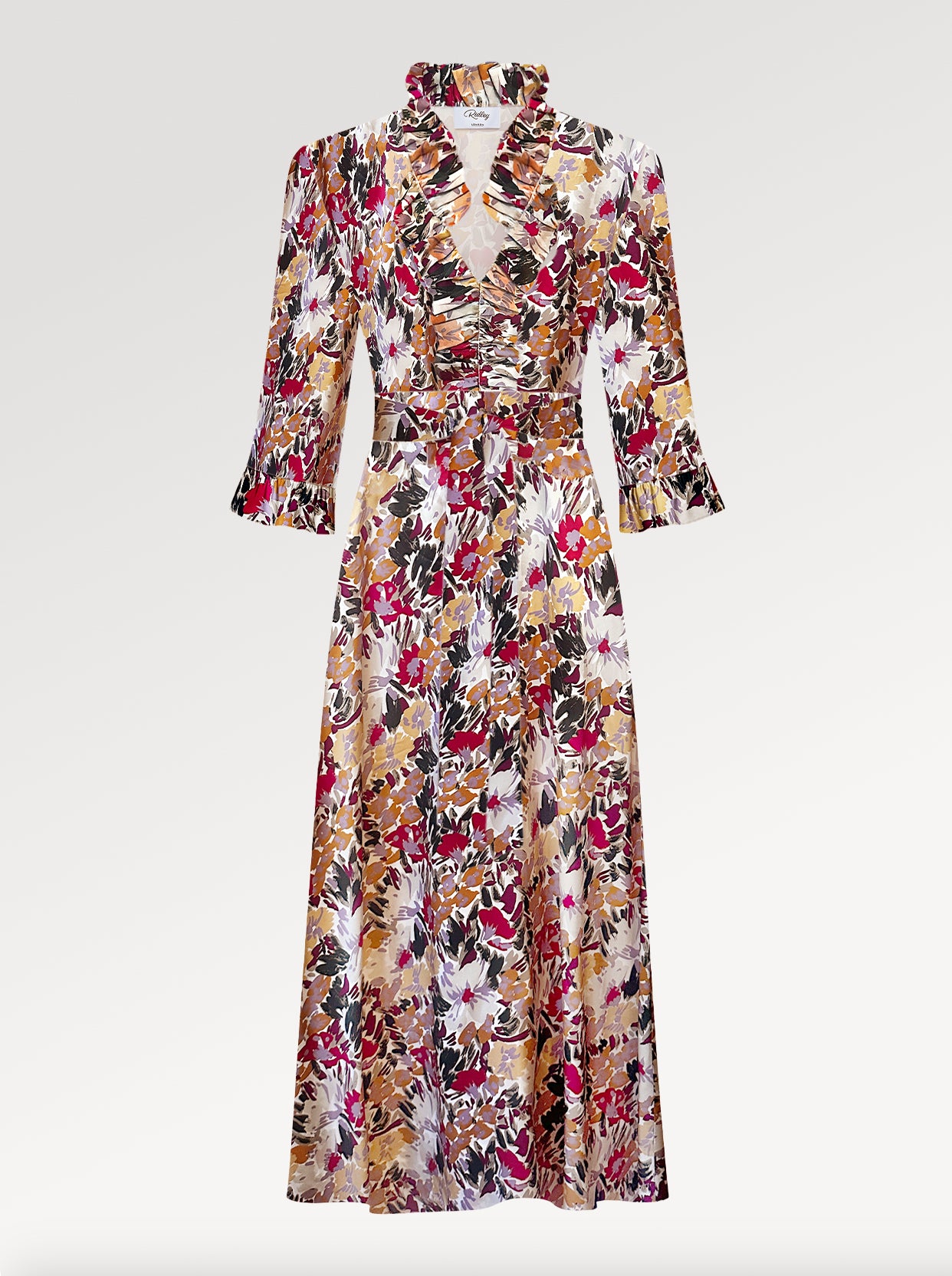 Ridley_London_Burgundy_Gold_Painters_Bouquet_Liberty_Print_Silk_Satin_Oriana_Dress_With_Ruffled_Neck_And_Ruffled_Cuff_Three_Quarter_Length_Sleeves