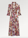 Ridley_London_Burgundy_Gold_Painters_Bouquet_Liberty_Print_Silk_Satin_Oriana_Dress_With_Ruffled_Neck_And_Ruffled_Cuff_Three_Quarter_Length_Sleeves