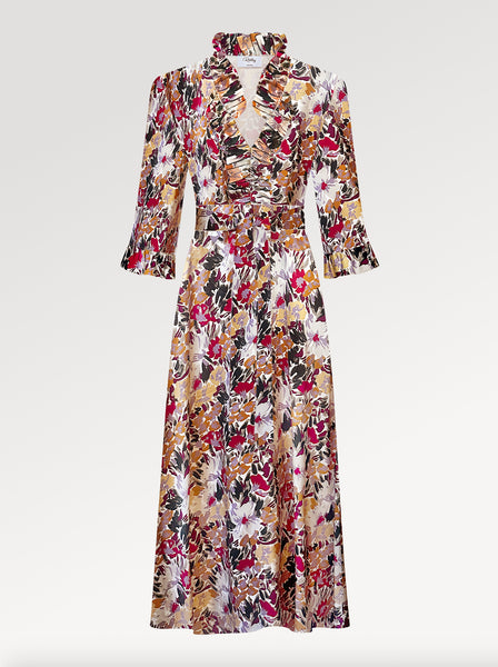 Ridley_London_Burgundy_Gold_Painters_Bouquet_Liberty_Print_Silk_Satin_Oriana_Dress_With_Ruffled_Neck_And_Ruffled_Cuff_Three_Quarter_Length_Sleeves