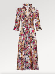 Ridley_London_Burgundy_Gold_Painters_Bouquet_Liberty_Print_Silk_Satin_Oriana_Dress_With_Ruffled_Neck_And_Ruffled_Cuff_Three_Quarter_Length_Sleeves