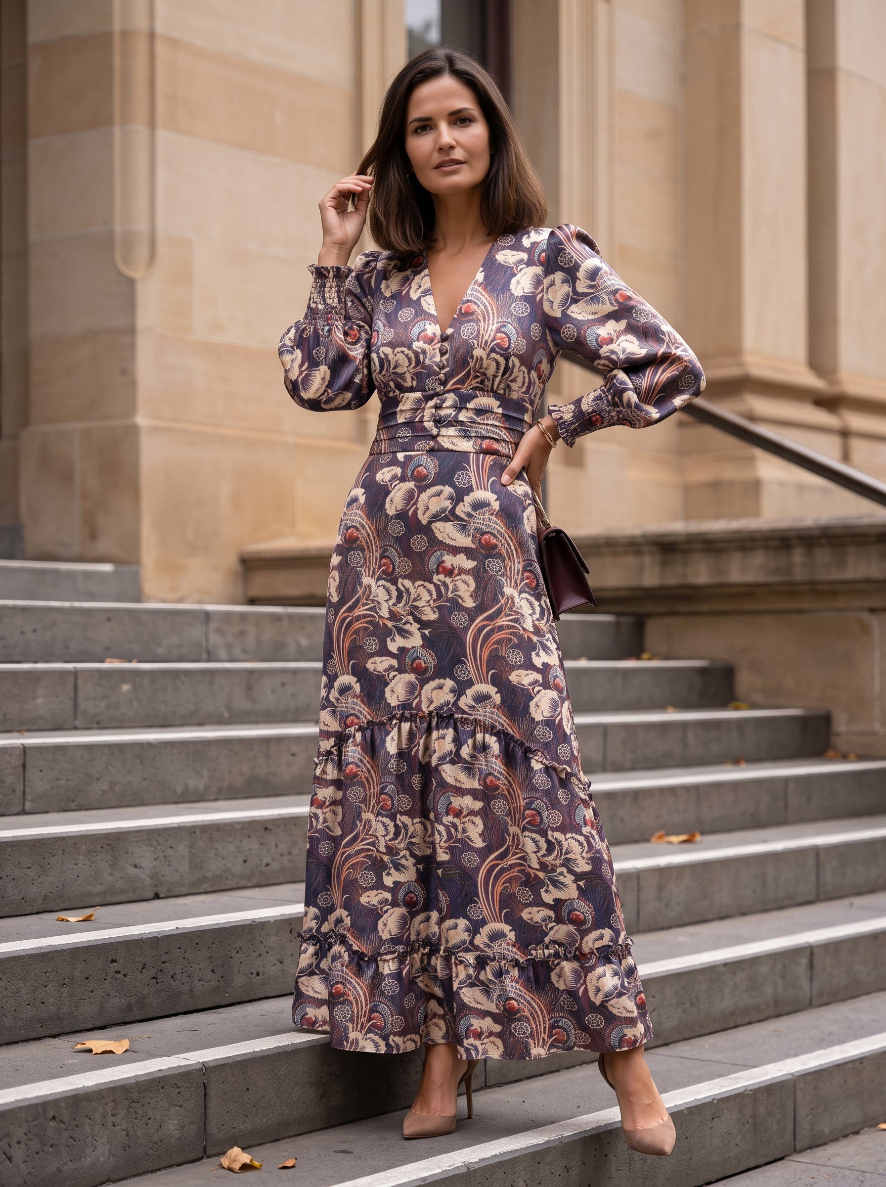 Ridley_London_Chocolate_Peacock_Feather_Liberty_Print_Hera_Hana_Silk_Twill_Ellen_Maxi_Dress_With_Long_Sleeves_And_Shirred_Cuffs_And_Frill_On_Skirt