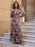 Ridley_London_Chocolate_Peacock_Feather_Liberty_Print_Hera_Hana_Ellen__Silk_Twill_Maxi_Dress_With_Long_Sleeves_And_Shirred_Cuffs_And_Frill_On_Skirt